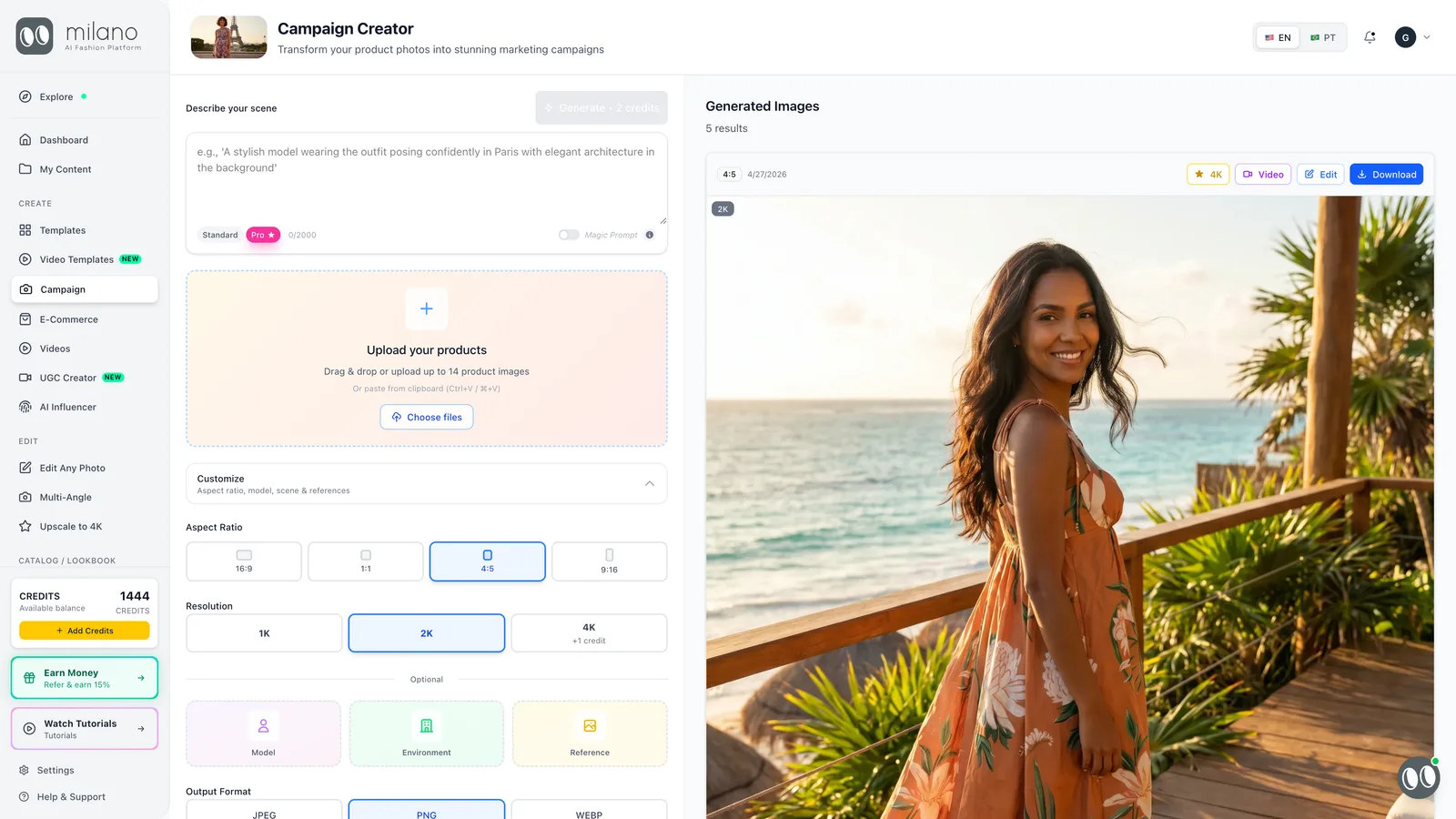 Campaign Creator do Milano AI: carrega a foto do produto, descreve a cena e gera uma imagem de campanha com modelo