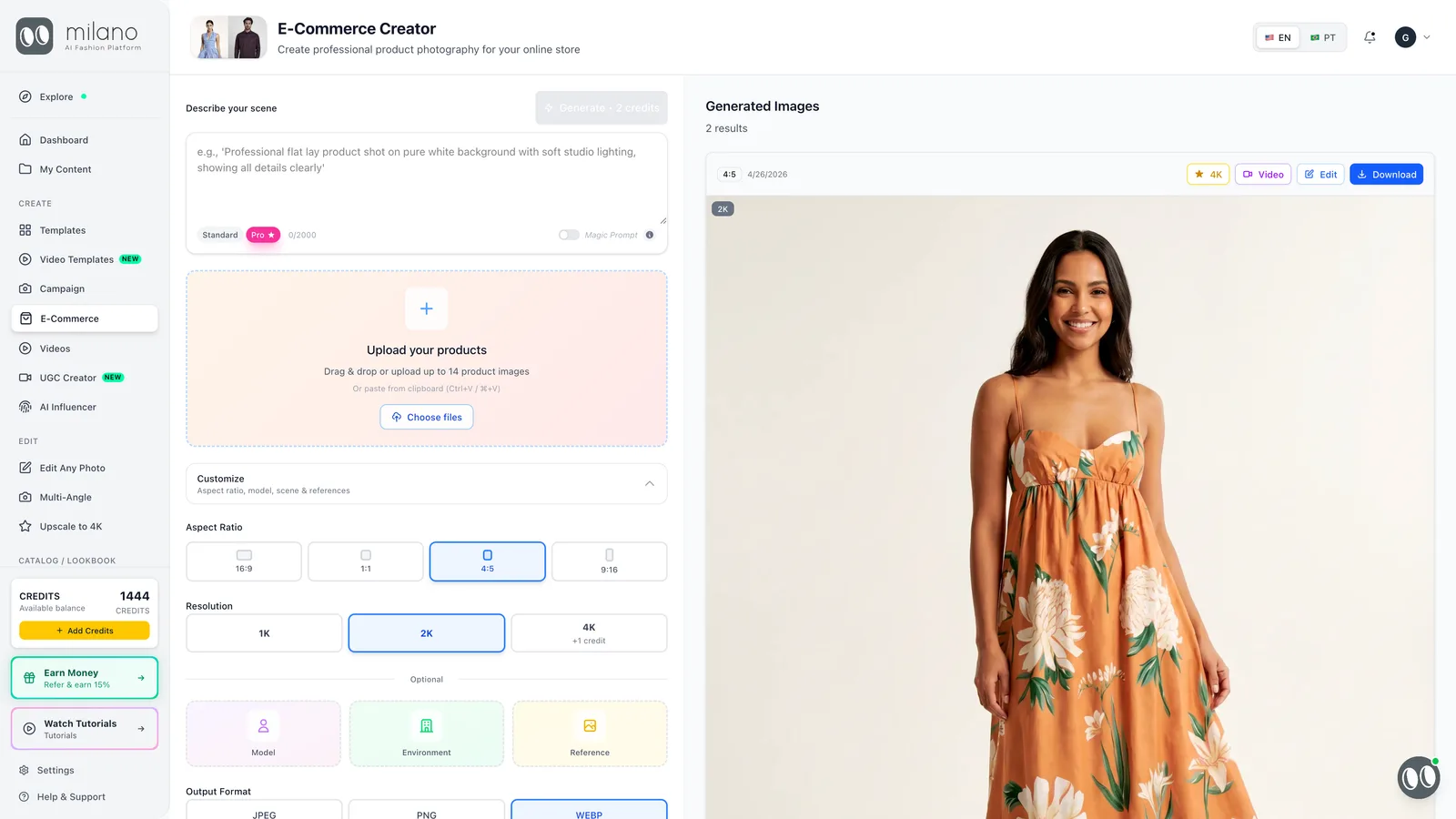 Milano AI E-Commerce Creator: a flat product photo turned into an on-model product shot for your store