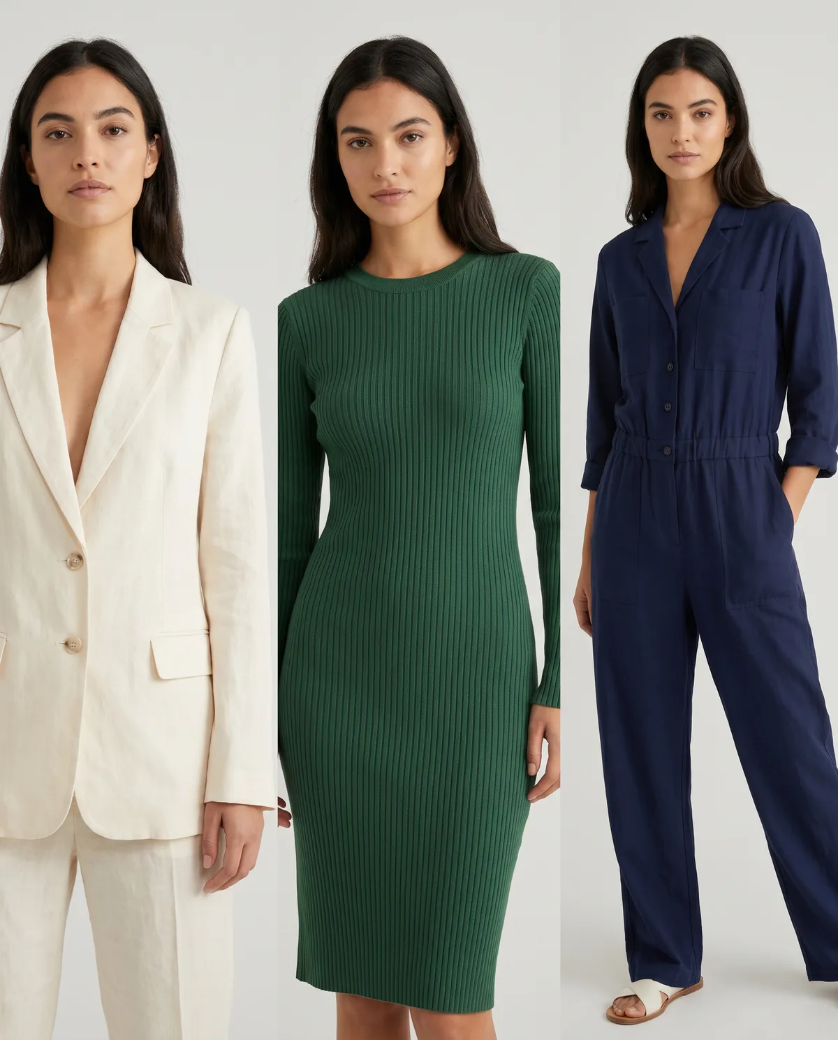 The same model shown in a consistent on-model catalog set — Milano AI keeps one look across a collection