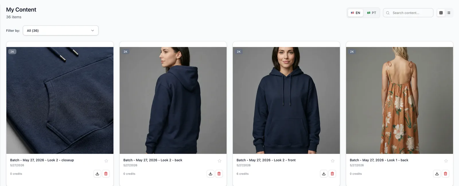 Inside Milano AI: one product turned into a consistent on-model set — the same hoodie shown front, back, and in close-up detail, with one model and one look