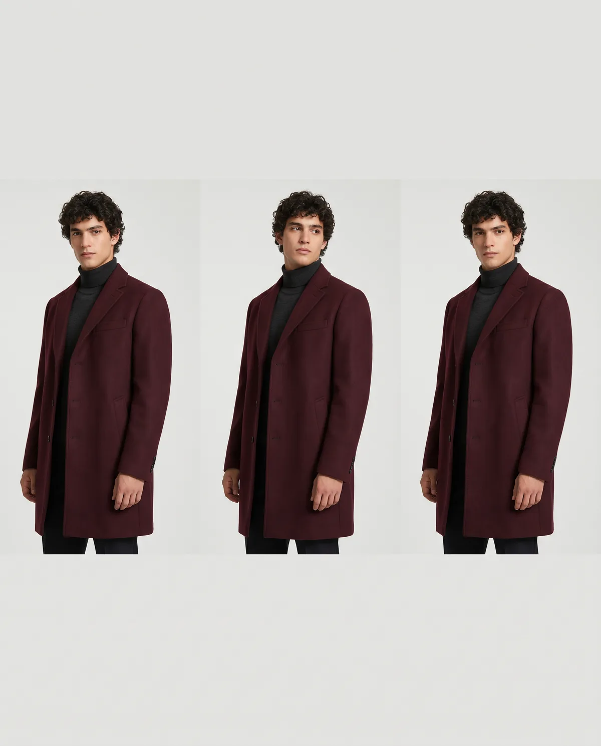 A mesma modelo e o mesmo casaco fotografados de um segundo ângulo — a Milano AI mantém um visual consistente num conjunto