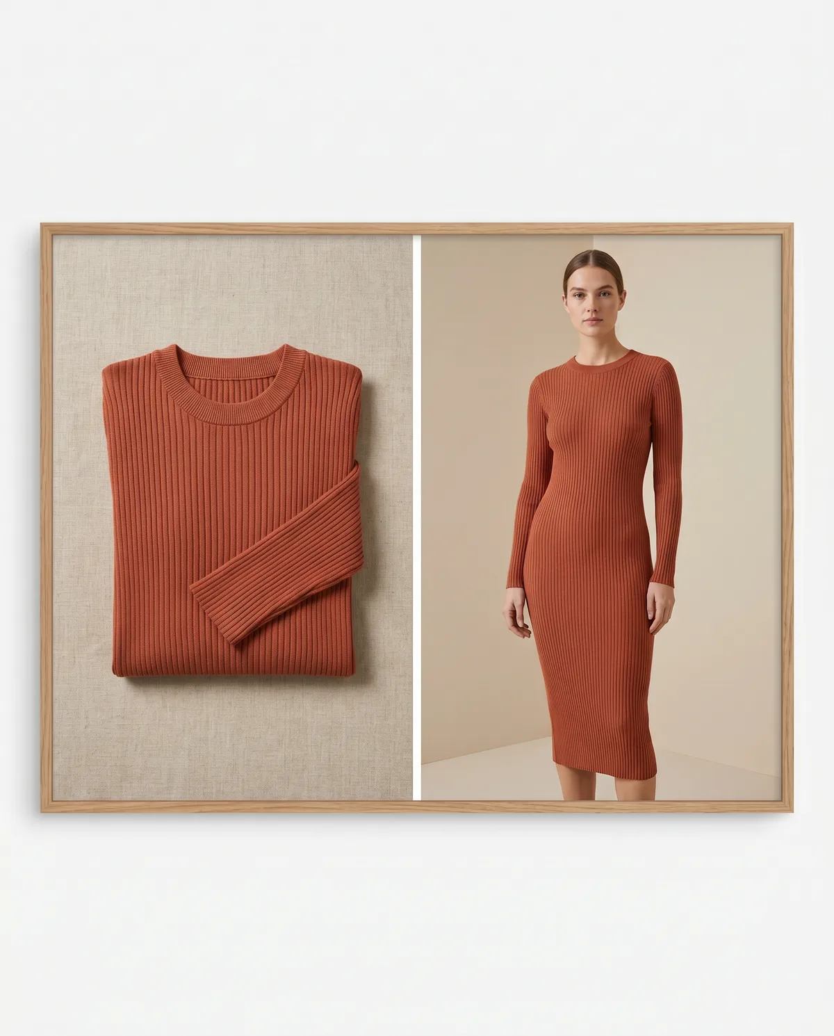 One garment shown as a flat lay and on a model — the same product generated as a matched pair in Milano AI