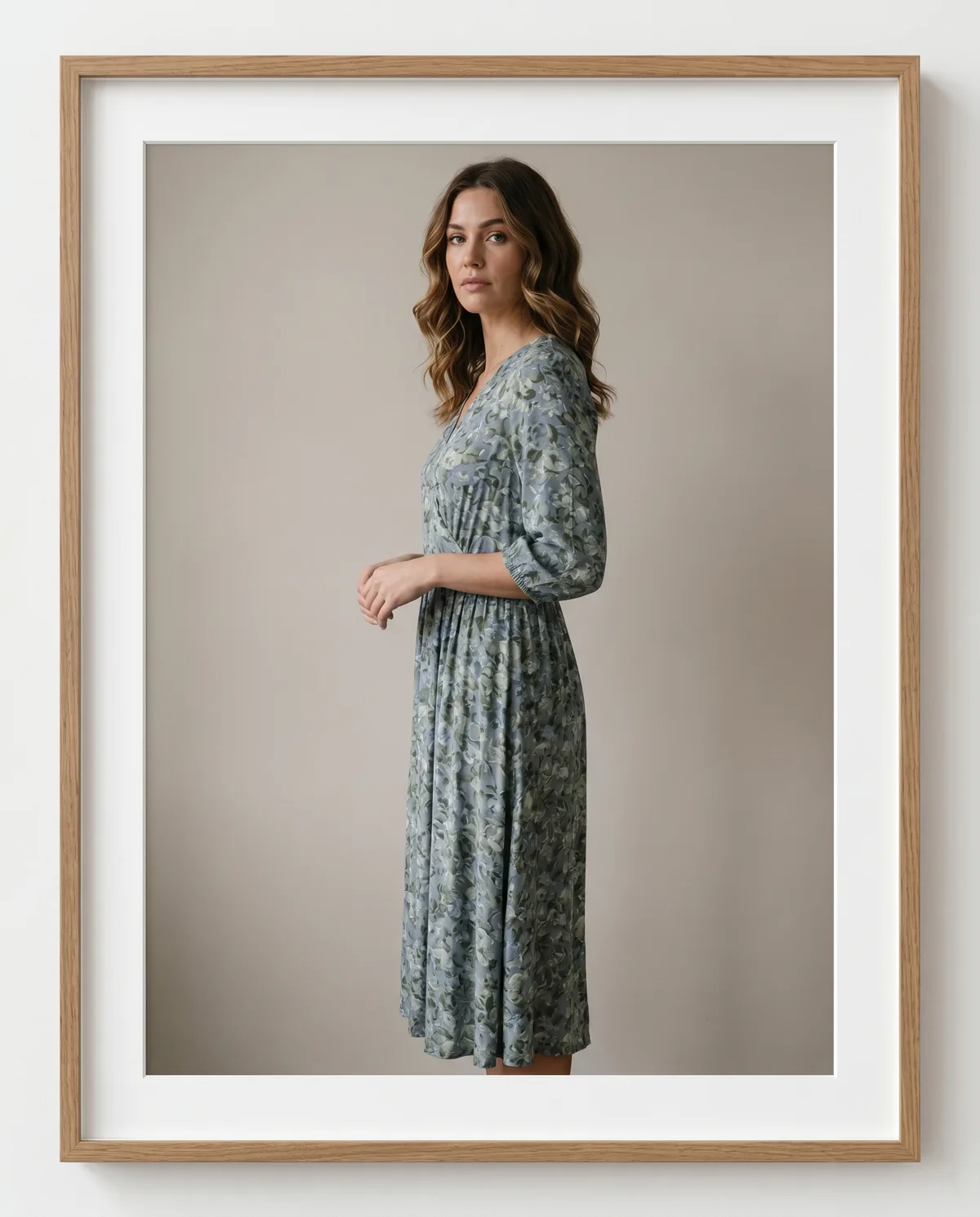 The same garment on the same model from a second angle — consistency proof