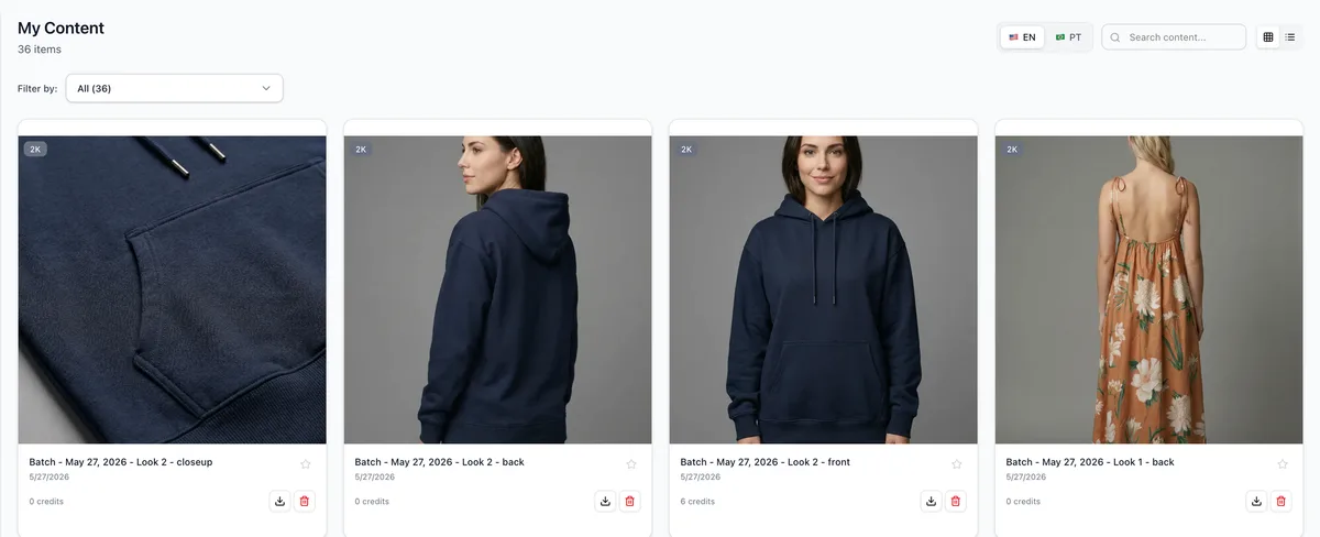 One garment as a consistent multi-angle on-model set in the app